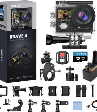AKASO Brave 4 Action Camera 4K 30fps with 64GB MicroSD U3 Card Bicycle Helmet Accessories Kit Bundle, 20MP Ultra HD 131FT Waterproof Underwater Camera EIS WiFi Remote Control 5X Zoom Sport Cameras