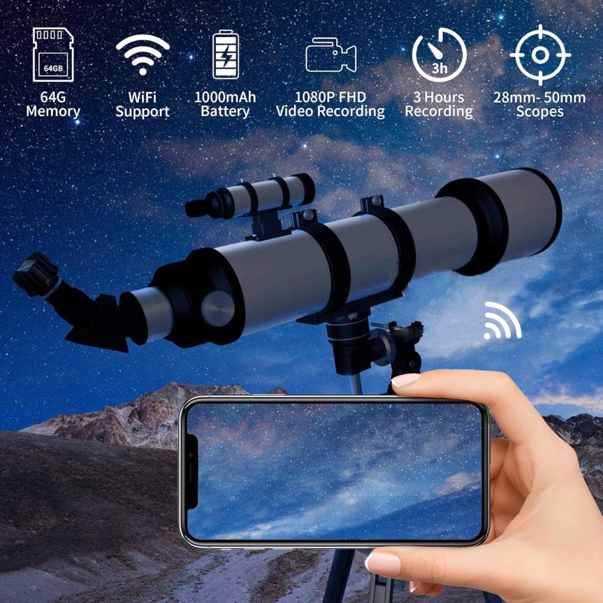 WiFi Telescope Camera Eyepiece, 64G Electronic Eyepiece Camera with 1.5" Screen, Astronomy Camera Fits to 28mm- 50mm Scopes, Perfect for Astrophotography, Birds Watching - Image 2